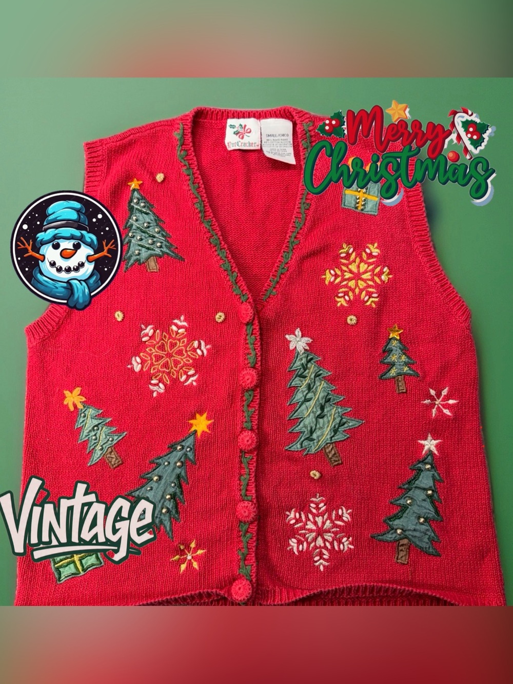 Vtg-90s Nut Cracker Sweater Knit Christmas Button Front Appliqué Vest Trees—Sz S
